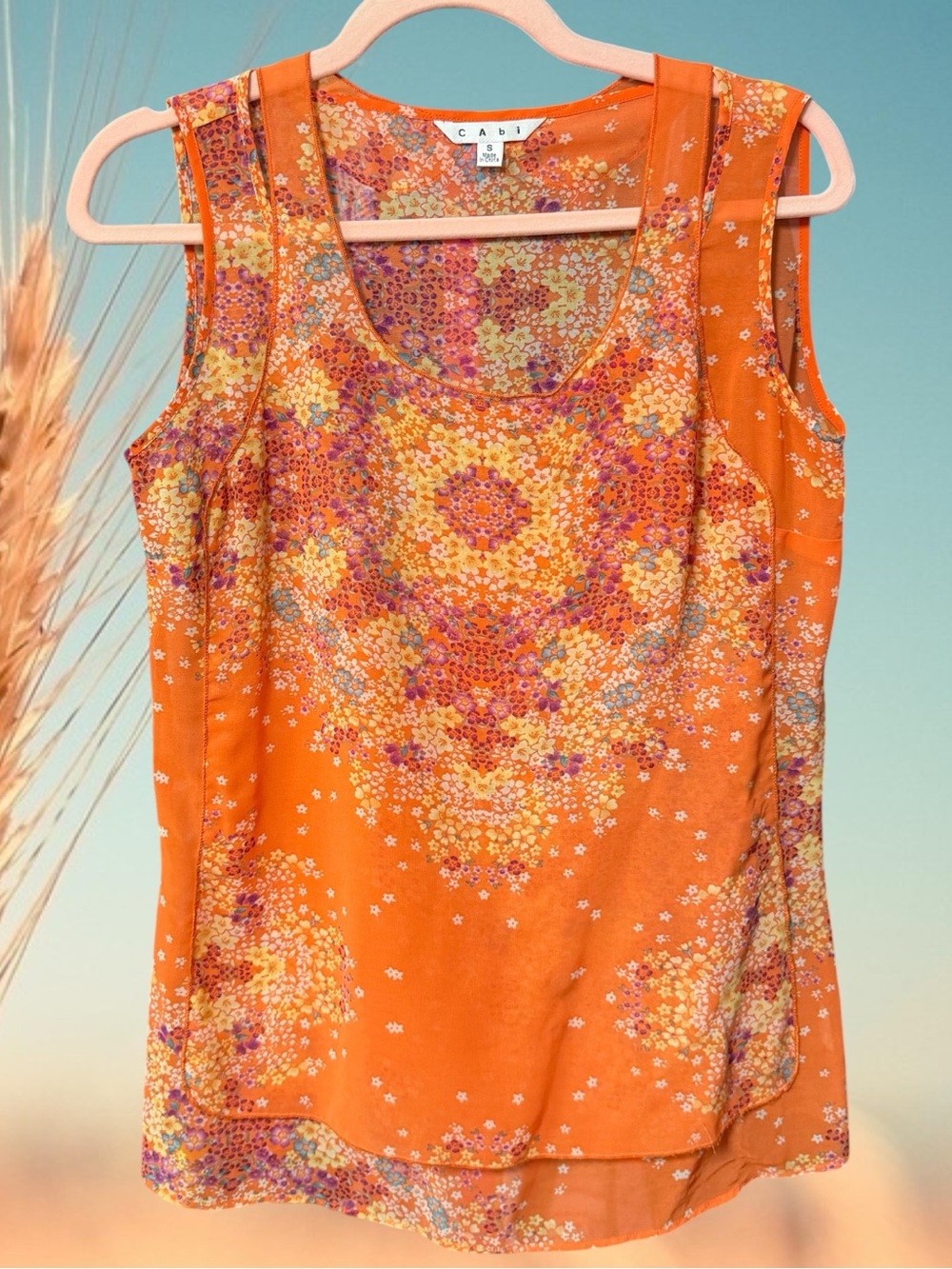 Cabi women’s size small sleeveless blouse Orange floral BoHo chiffon
